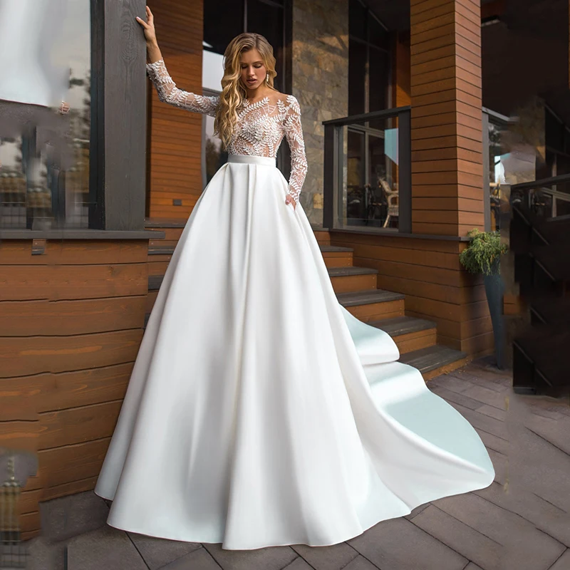 SoDigne A Line Wedding Dress With Pockets Lace Full Sleeves Satin Simple Wedding Gowns Women Ivory Modern Fashion Bride Dress