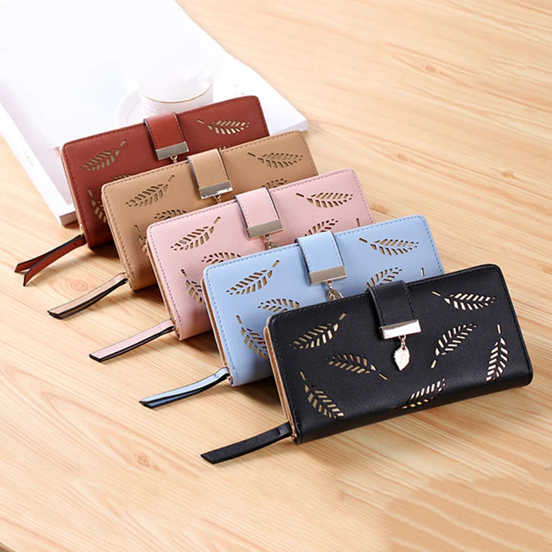 Many Departments PU Leather Long Wallet for Women Lady Purse High Quality Female Wallets Card Holder Clutch Hollow Out Leaves image 6