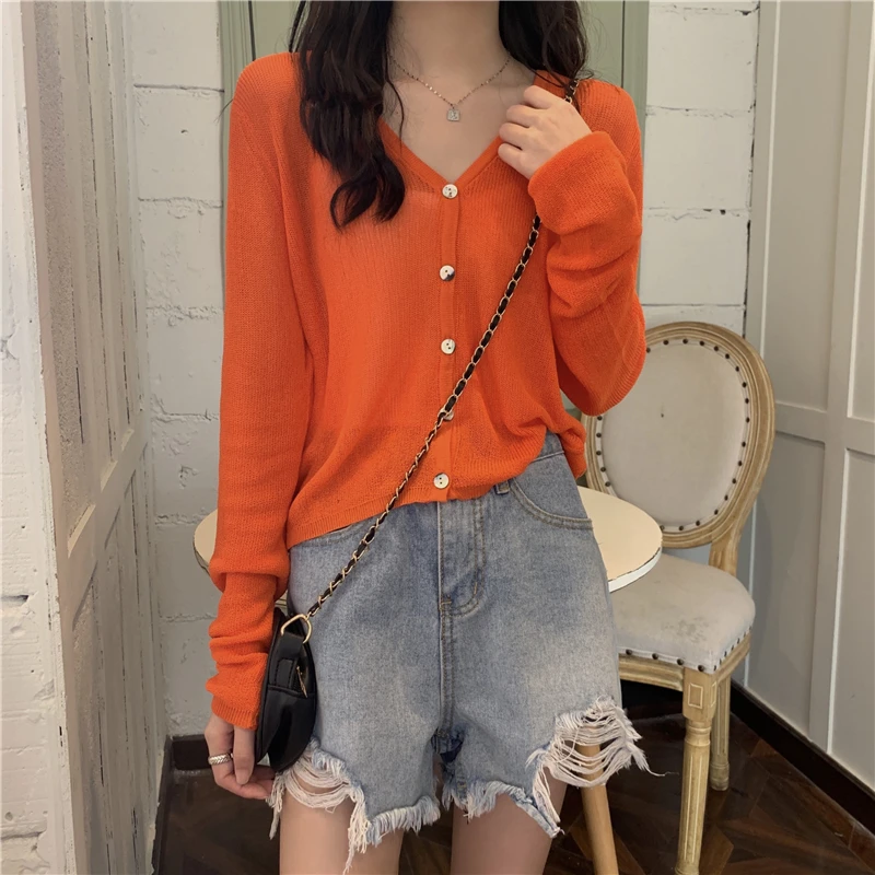 Summer Cardigan Long Sleeve Knitted Sweater Women Korean Short  Sunscreen Cropped Cardigan Loose V-neck Solid Color Thin Tops