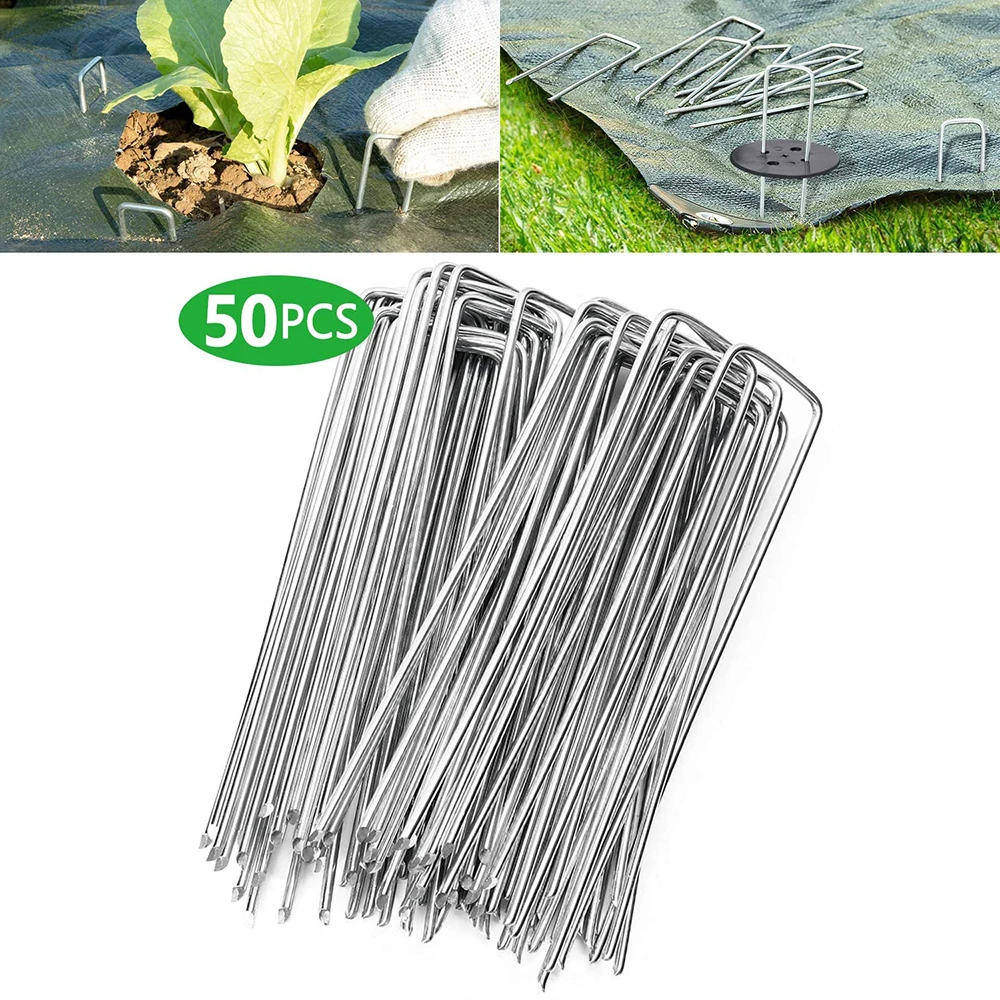 

50pcs Garden Peg Silver Metal U-Shape Heavy Garden Staple Garden Ground Nail Film Fixed Pegs Gardening Fixing Tools Film Pegs