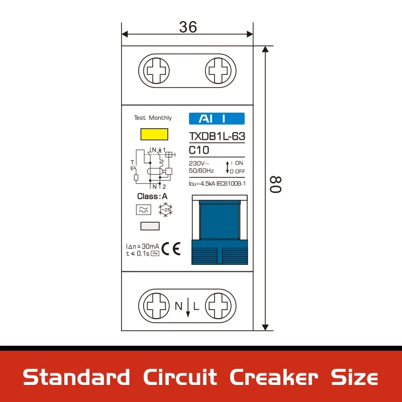 Type A  AC CLASS Rcbo 110V 220V RCCB 10A 20A 40A 50A 63A 30mA Residual Current Circuit Breaker Leakage WIth Overload Protection