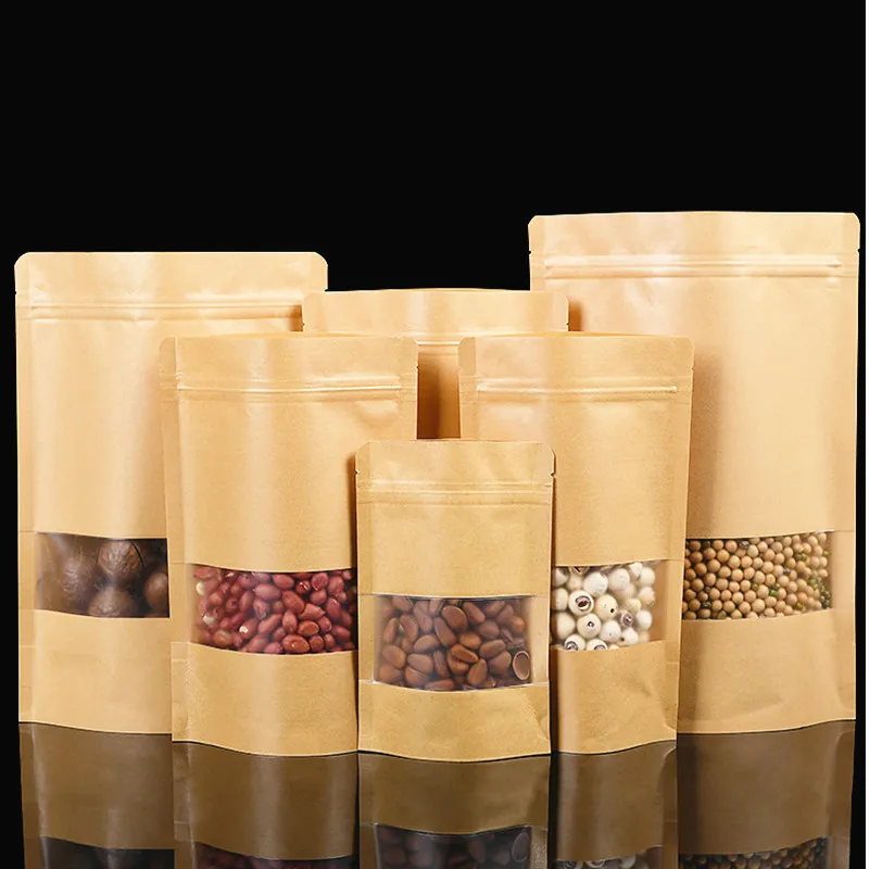 

Stand Up Kraft Paper Frosted Window Zip Lock Bags Resealable Coffee Sugar Biscuit Nuts Chocolate Heat Sealing Packaging Pouches