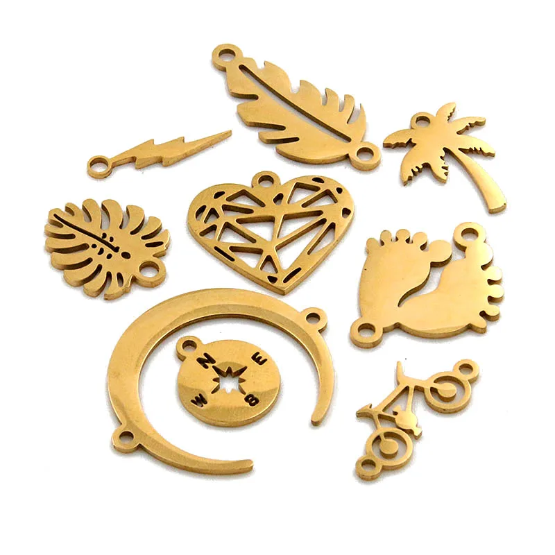 5Pcs 2 Color Mix Leaf Heart Feet Charm Stainless Steel Moon Bicycle Connector Open Bezel Pressed Frame Mold DIY Jewelry Making