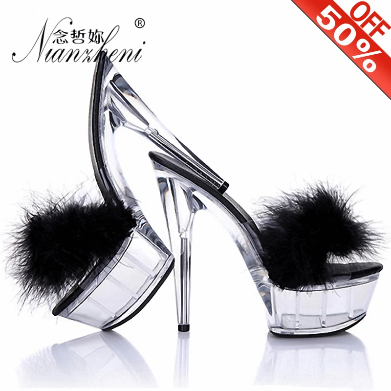 Summer Sexy Rabbit's hair Shallow Open Toe Women's Slippers 6 inches Fetish Trend 15cm High heeled shoes Thick platform Models