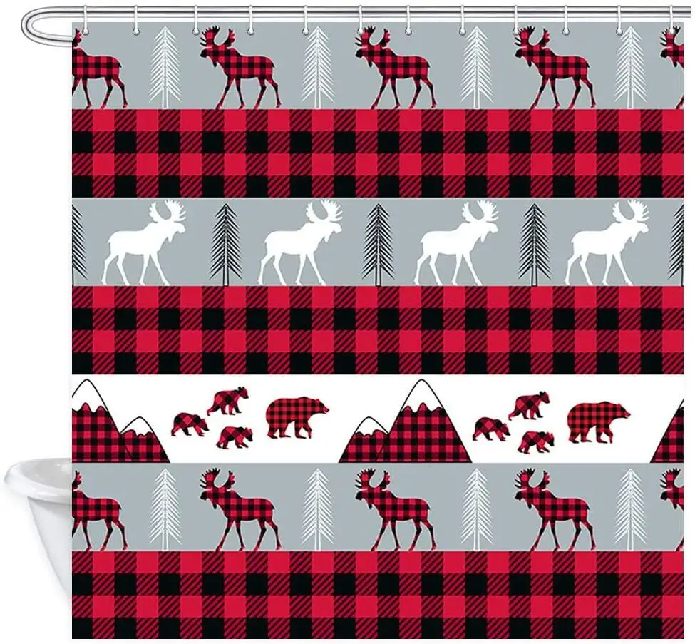 Red Black Buffalo Check Plaids Bear Family Shower Curtains for Bathroom, Farmhouse Animals Bear with Moose Striped Bath Curtain