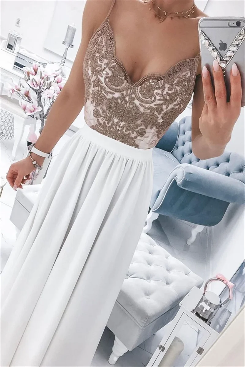 Pura Vestido de Noite Branco Cintas de Espaguete Rendas A Linha de Divisão Até O Chão Com Decote Em V Sexy Chiffon do baile de Finalistas Vestido Clube вечерние платья