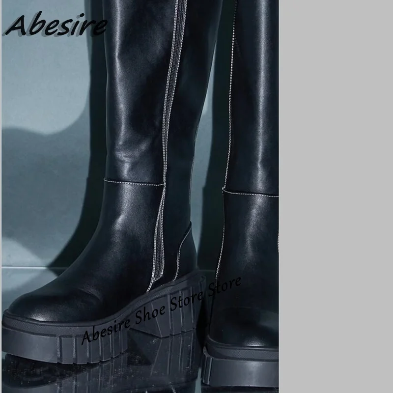 Abesire długie czarne buty Chunky Heel łączenie platformy stałe okrągłe Toe kobiety buty Slip On Knee najnowsze buty jesień zima