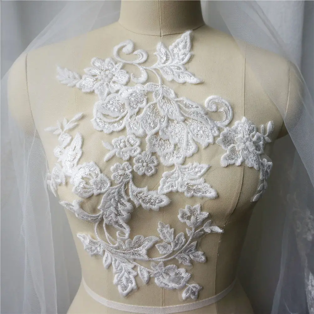 

White Wedding Gown Appliques Lace Fabric Flora Sequin Collar Mesh Embroidered Sew On Patches For Decoration Dress DIY