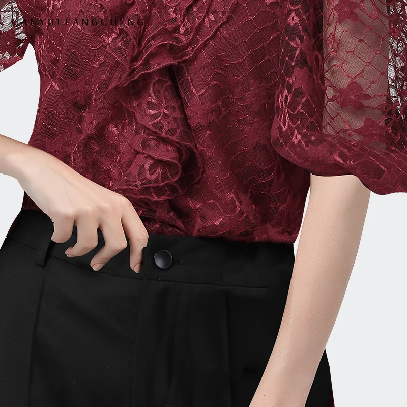 Fashion Women Sexy Hollow Out Lace Blouse Short Sleeve Loose Plus Size Ruffles V-Neck Top 2020 New Ladies Summer Blouses Tops