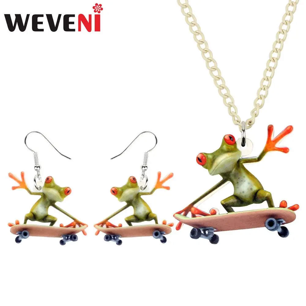 WEVENI Acrylic Skateboard Frog Necklace Earrings Jewelry Sets Funny Cute Festival Decorations Girls Teens Lady Charms Party Gift