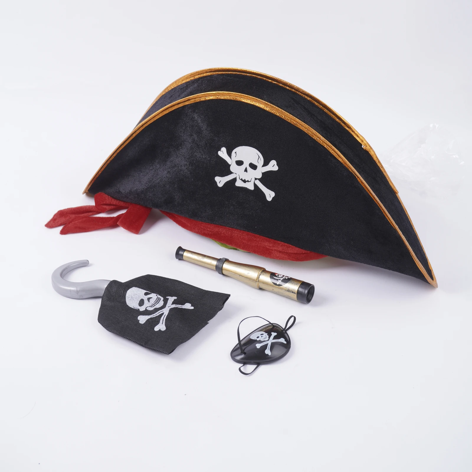 Kids Pirate Captain Role Play Costume Accessories Skull Print Waistcoat Velvet Hat Eye Patch Telescope Hook Set Halloween Props