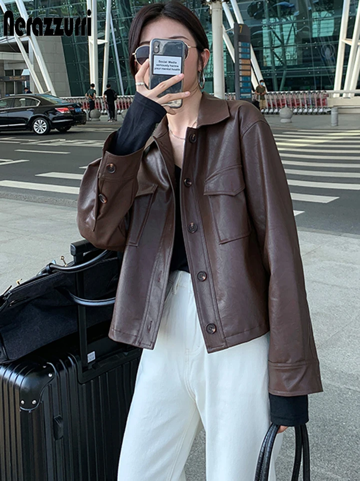 Nerazzurri Spring Loose Short Soft Brown Pu Leather Jacket Women