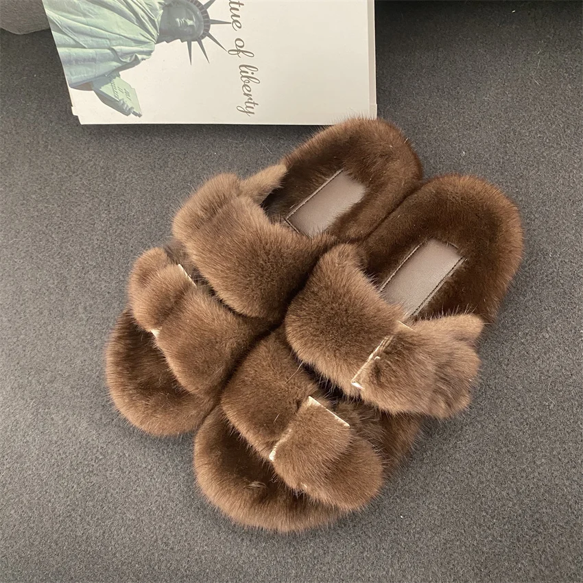 

2022 Women's Home Slippers. Authentic Luxury Mink Adjustable Buckle Furs Sandals. Winter New Casual Flat Outdoor Fur Shoes