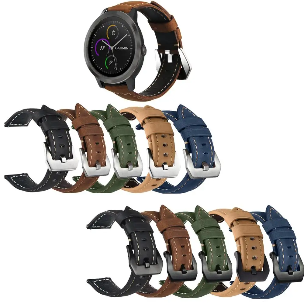 20mm Crazy Horse Genuine Leather Strap Band for Garmin Vivoactive 3 / Active 5 / 645 245 55 / Venu Sq 2 with watchbands