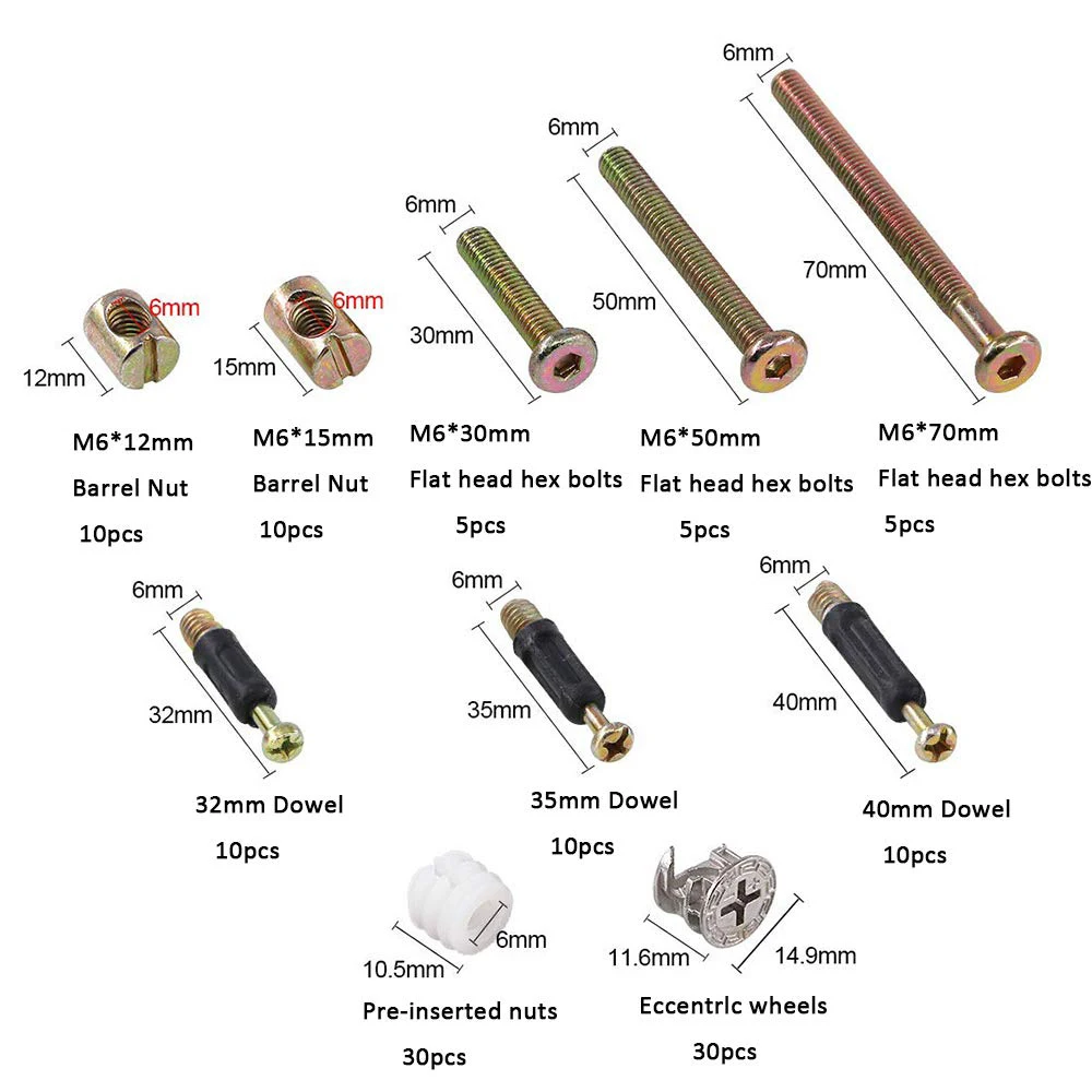 125 pieces of cam lock nuts and cam screws furniture connection cam fittings with pins 3 in 1 pre-inserted cabinet wardrobe