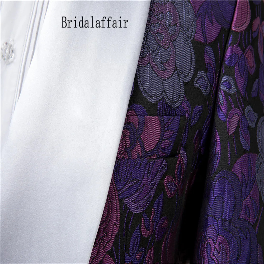 Bridalaffair 2021 Tailor-Made Groom Tuxedos Purple Floral Printed Men Suit Set For Wedding Mens Shawl Lapel Jacket Piping Pants