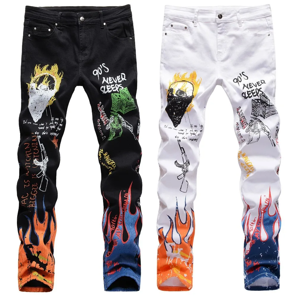 

New black white man men's male fashion letters flame printed jeans Slim straight Skull graffiti colored painted stretch pants