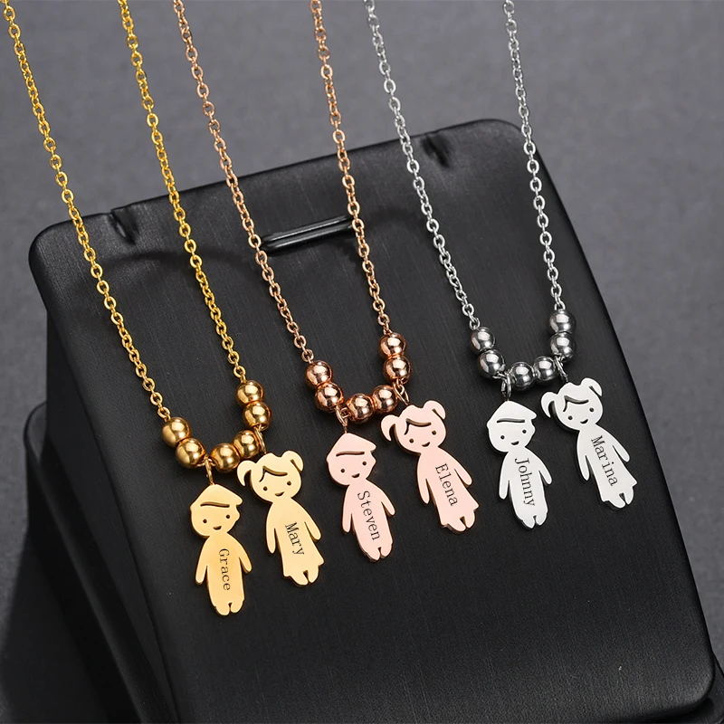 Letdiffery New Child Engraved Name Necklace Personalized Stainless Steel Boy Girl Kids Pendant Necklace Women Date Beads Family