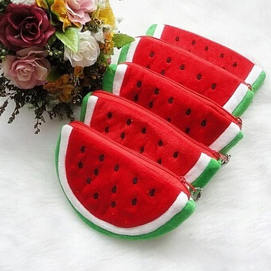 Women Kids Kawaii Watermelon Coin Purse Lovely Plush Zipper Coin Wallet Purse Key Bag Fruit Wallet Students Pen Pencil Case Bag