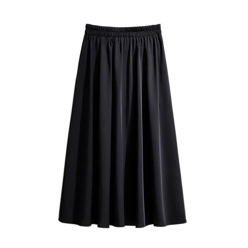 Rok Lipit Solid A-Line Musim Semi Musim Panas Wanita Ukuran Plus 150Kg 5XL 6XL 7XL 8XL 9XL Rok Pinggang Elastis Longgar Hitam