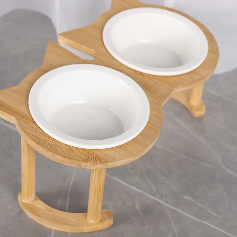 Cat Bowl Pet Supplies Bamboo Wood Cat Food Bowl Ceramic Double Bowl Dog Bowl Cat Food Bowl High Foot Slant Neck Guard Tableware