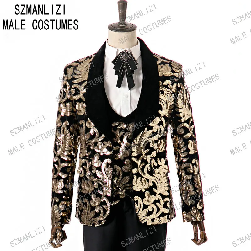 

SZMANLIZI 2020 Tailor Made Men Suit Gold Sequin Floral Smoking Blazer 3 Pieces Groom Suit Wedding Suits For Men Slim Fit Tuxedos