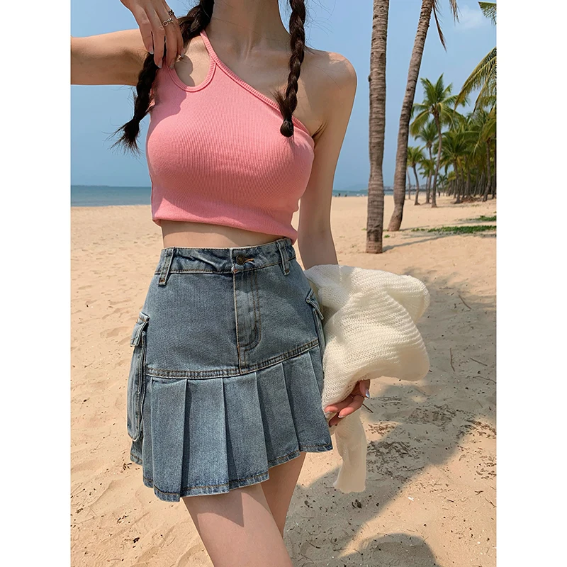 Female Slim Sexy Anti-walking Light A-word Short Denim Skirts New High Waist Women's Summer 2023 Pleated Skirt with Pockets Blue