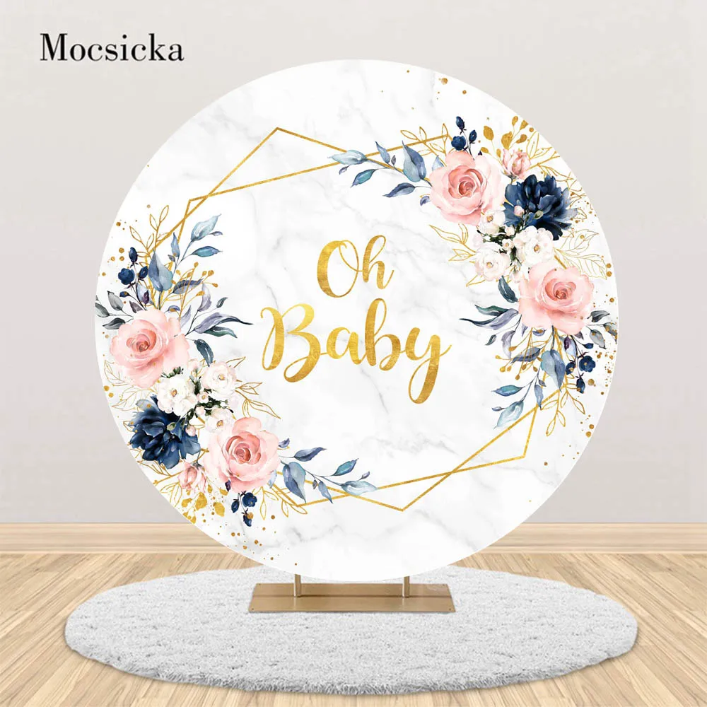 Mocsicka Oh Baby Round Backdrop Photography Marble Texture Newborn Baby Shower Background Photo Decor Studio Props Cover Vinyl