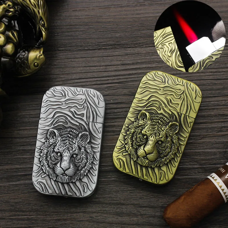 Vintage Tiger Relief Metal Gas Lighters Torch Turbo Compact Butane Jet Cigarette Lighter Antique Collection LIGHTER