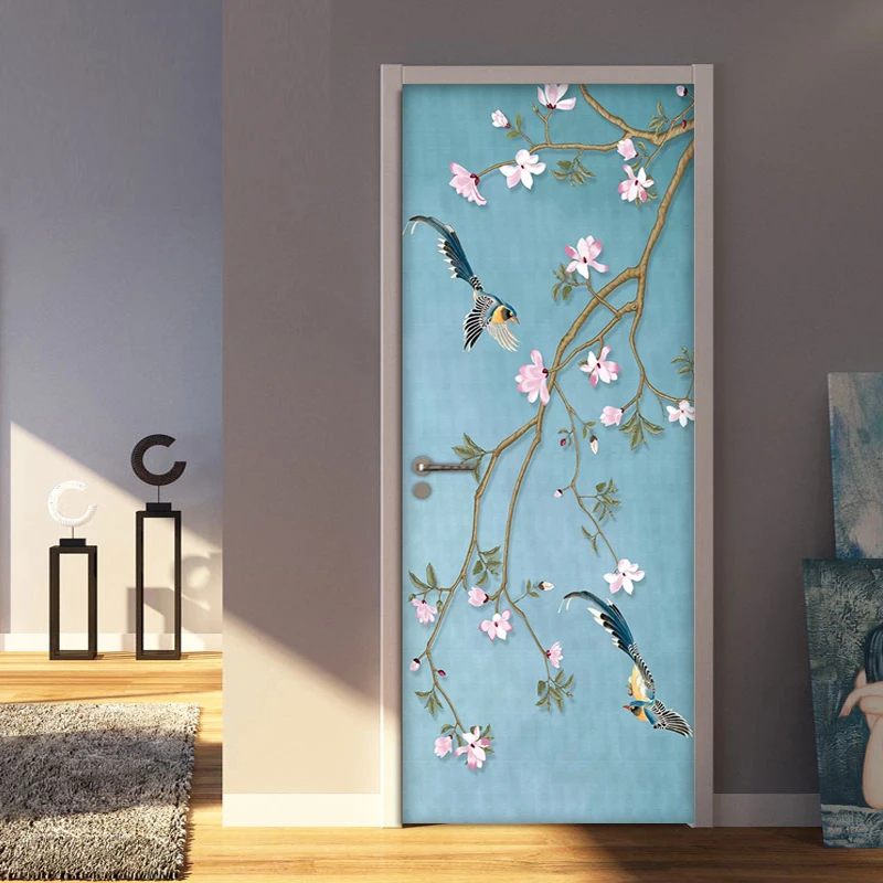 Chinese Style Flower Bird Mural Waterproof Self-adhesive Door Sticker Vinyl Wall Paper For Living Room Bedroom Door Decoration