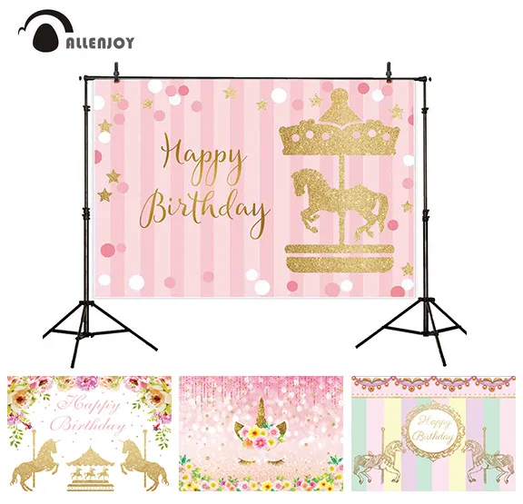 

Allenjoy Golden Carousel Banners Pink Stripes Stars Dots Girl Party Backdrops Photozone Happy Birthday Princess Wall Decoration