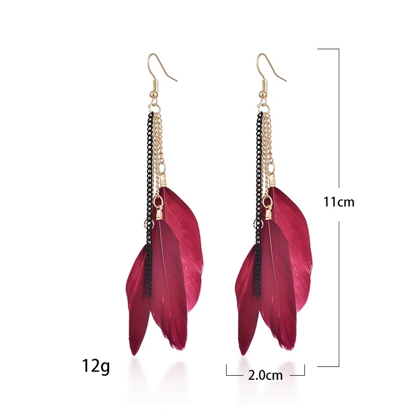 Summer Bohemian Corful Feather Long Earrings Kolczyki Fashion Vintage Women\'s Chain Tassel Dangle  Earrings