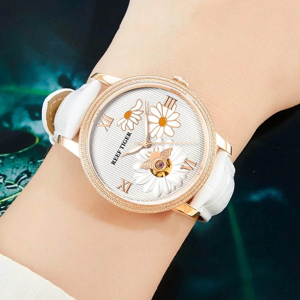 Reef Tiger/RT New Fashion Elegant Women Watch Sapphire Glass Waterproof Automatic Mechanical Watches Rose Gold Diamond Watch