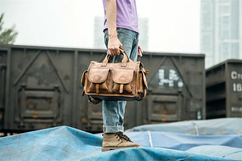 Vintage natural luxury cowhide men's briefcase laptop handbag casual genuine leather multi-pocket large capacity messenger bag
