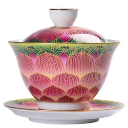 Jingdezhen-Enamel Lotus Tea Tureen, Porcelain Gaiwan, Exquisite Color Tea Bowl with Saucer Lid Kit, Master Teaware, Drinkware De
