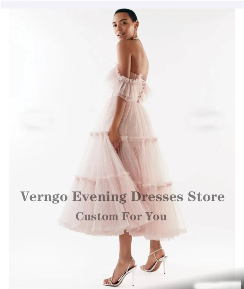 Verngo-vestido elegante de tul con hombros descubiertos, vestido de fiesta de línea A, ajustado, corsé de deshuesado, largo hasta el té, vestido de fiesta de regreso A casa, rosa rubor