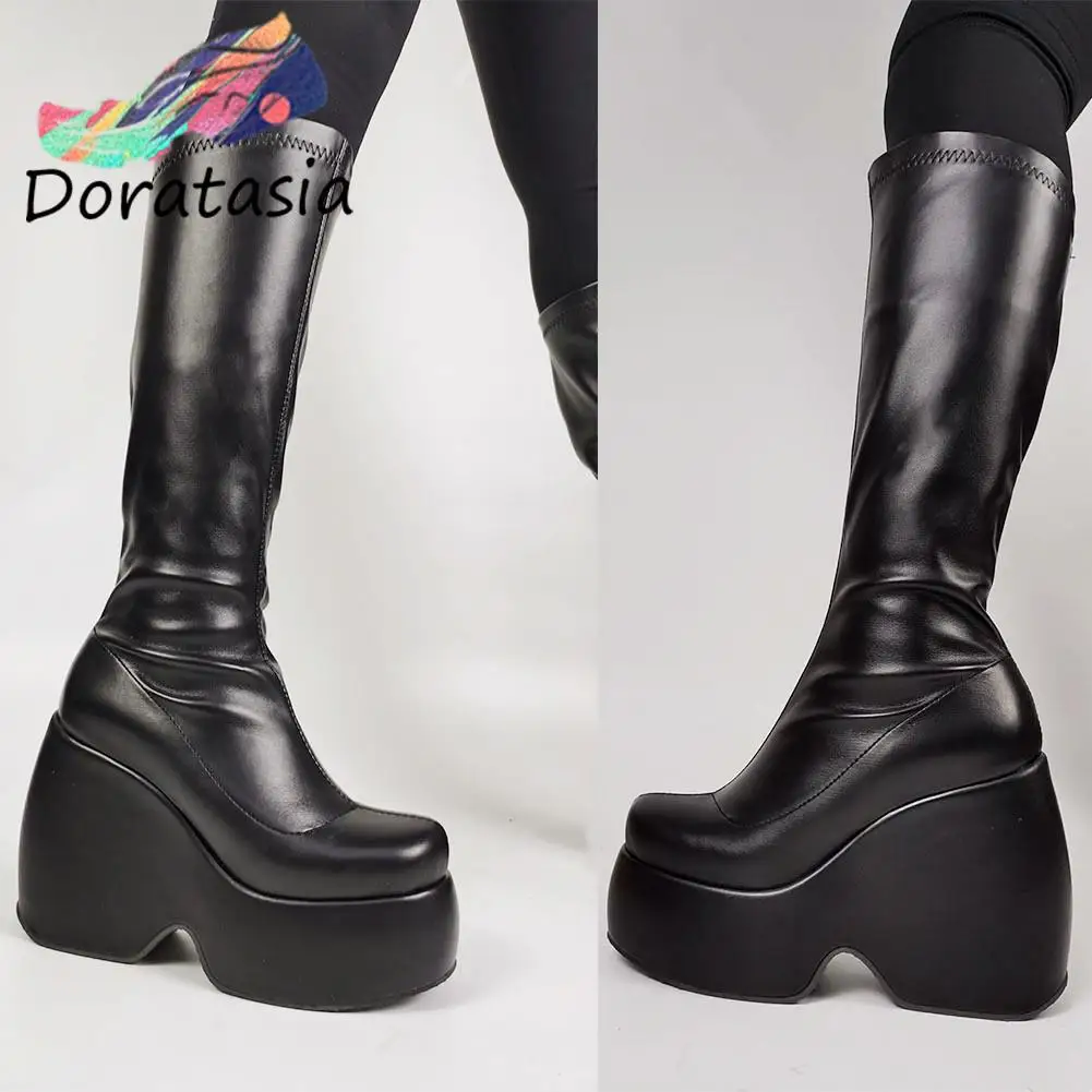 DORATASIA Female Motorcycle Boots Strange Style Slip-On High Heel Platform Women Mid Calf MELODY Boots Fashion Goth Cool Shoes