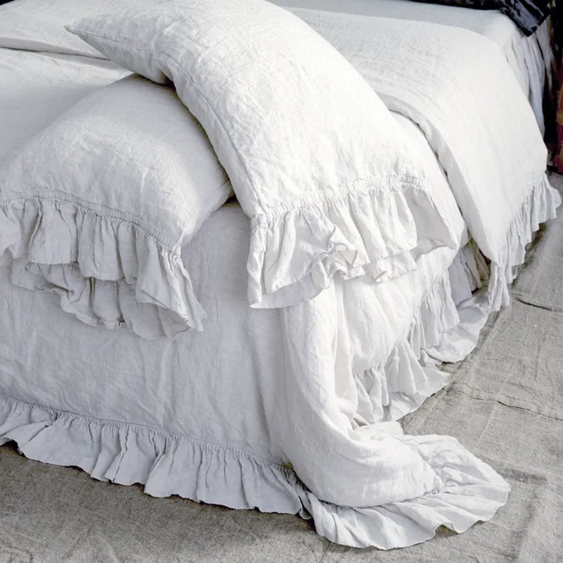 Pure Linen Duvet Cover Set, Ruffle Edge, White Comforter Cover And 2 Pillowcases, Bedding Set for Queen,King,Single,Double Bed