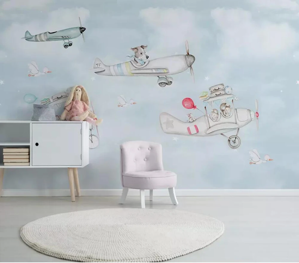 

Milofi custom 3D wallpaper murals simple hand-painted cartoon animal aircraft children room background wall decoration wallpaper