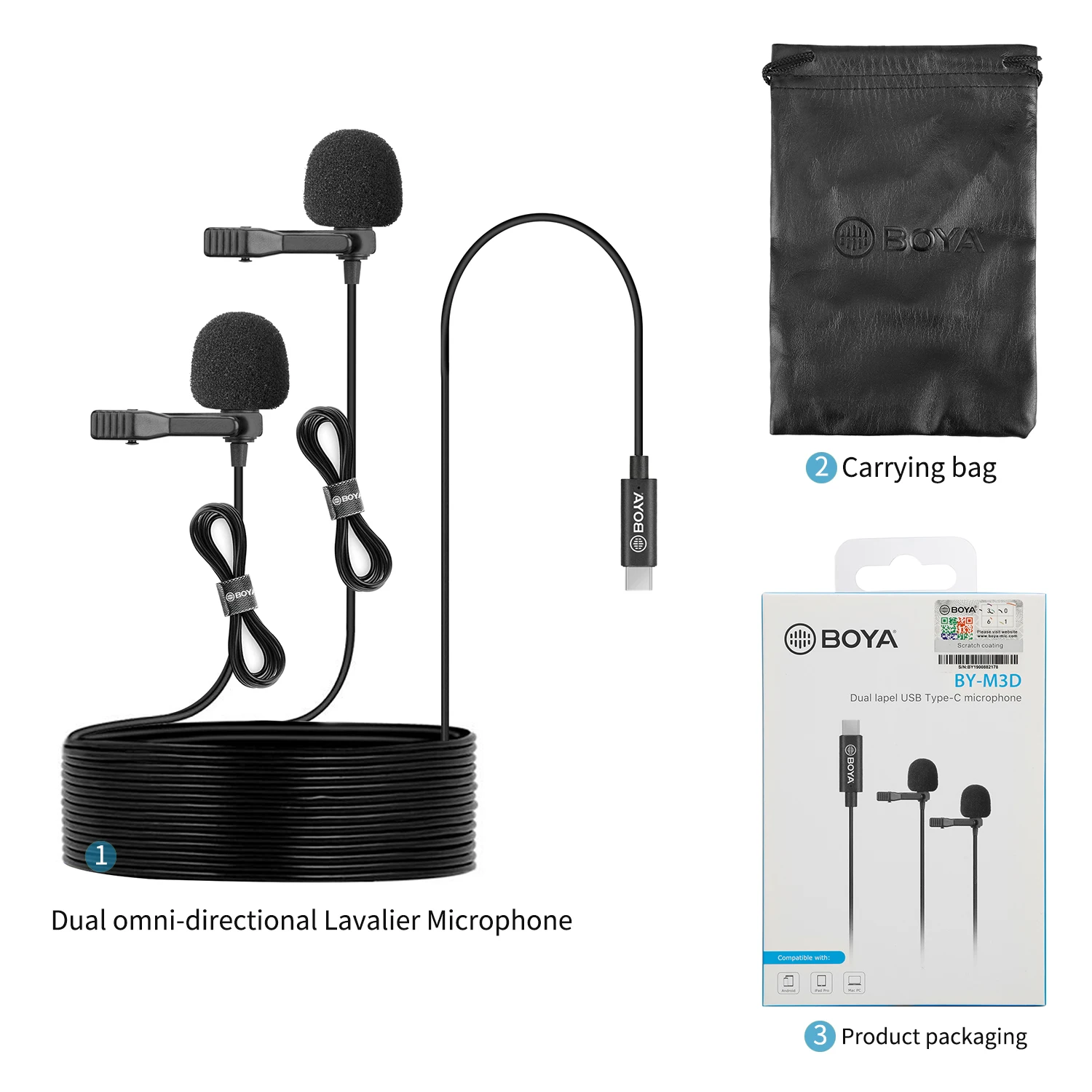 BOYA BY-M3D Mikrofon Dual Head Lavalier Lapel Condensador Microfone Mic dengan 6 Meter Kabel Kompatibel dengan Antarmuka Tipe-c