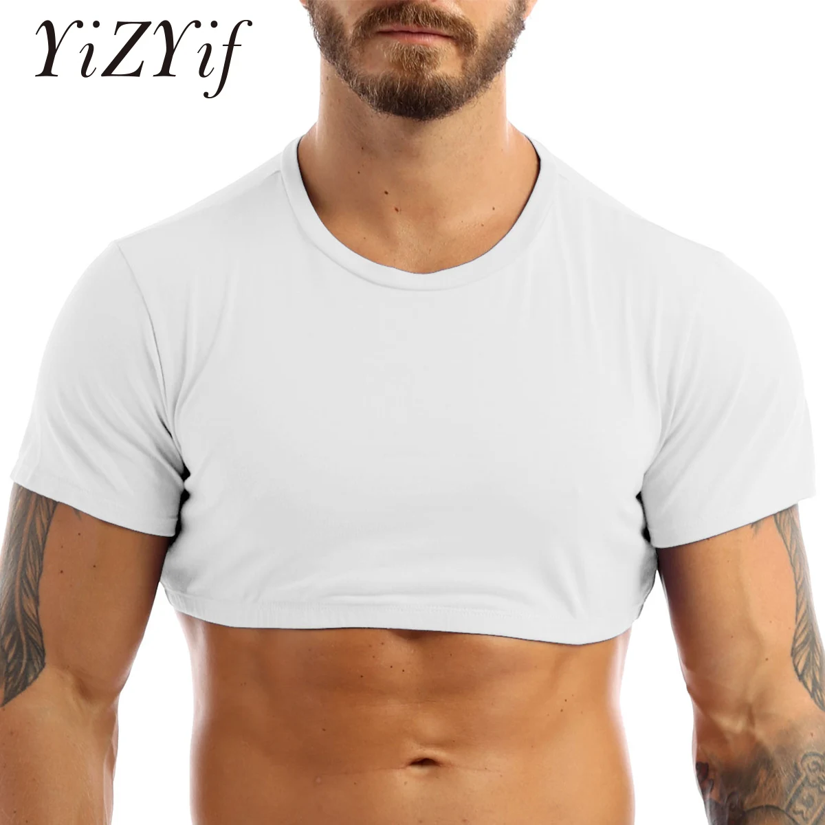 Summer Men\'s Super Short T-shirt Gym Coat Sport Bottom Solid Color Basic Pullover Crop Tops T-Shirt Blouses Sexy Stage Costume