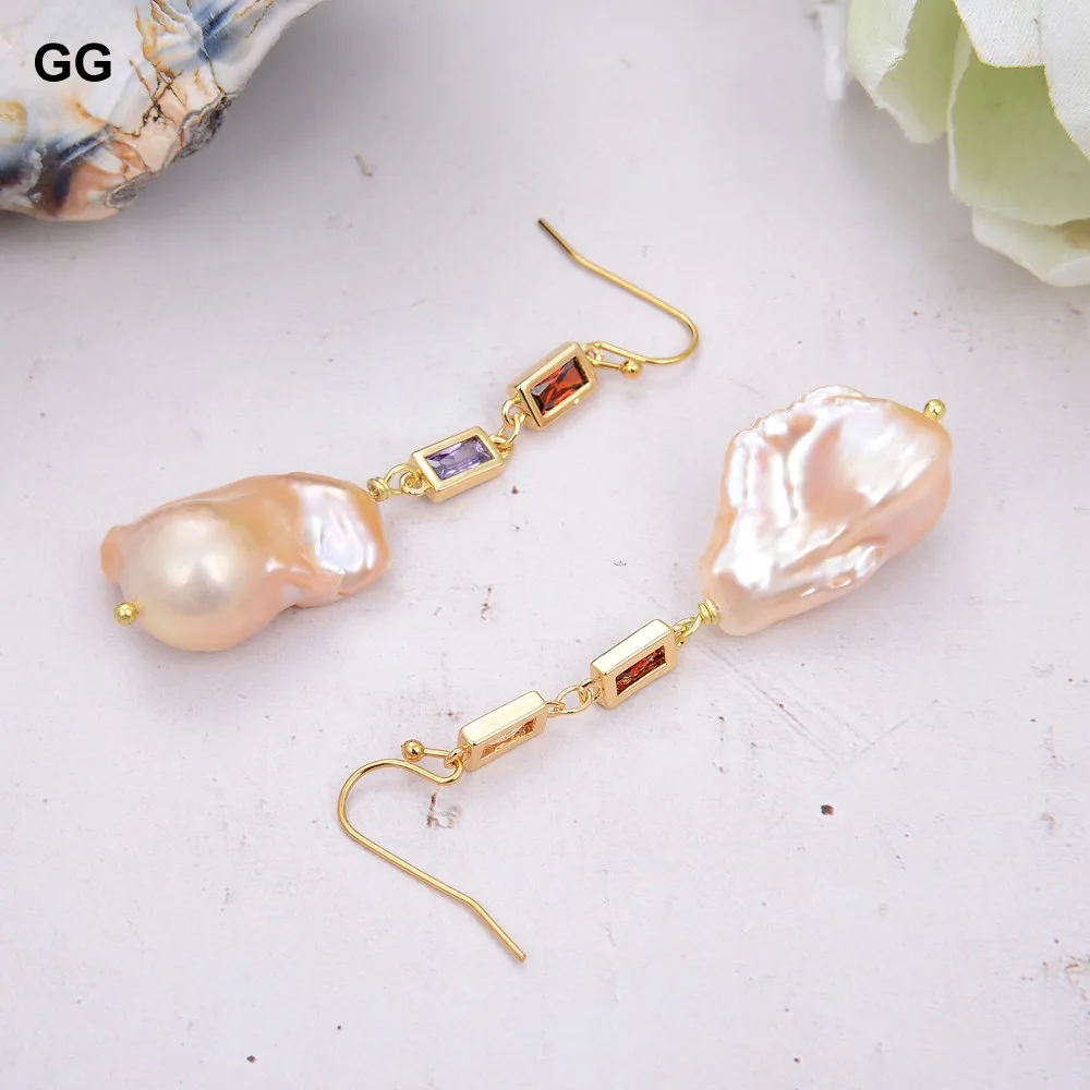 GuaiGuai Jewelry Cultured Pink Keshi Pearl Cz pave Chain Dangle Hook Earrings