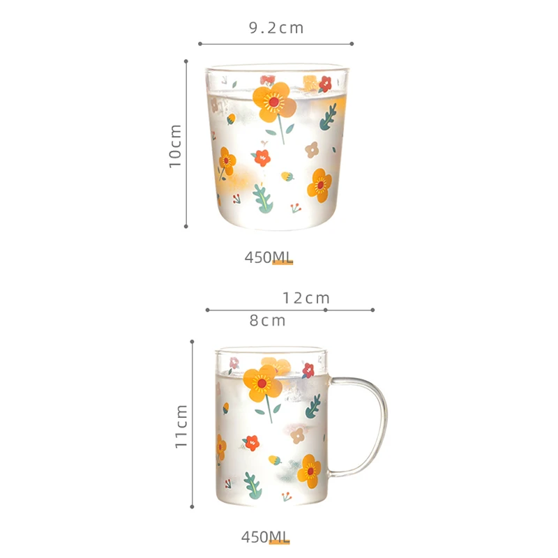 450Ml Sunflower Pattern Glass Cup Coffee Mug Milk Breakfast Glass Household Glass Mug with Handle Large Capacity Oatmeal Mug