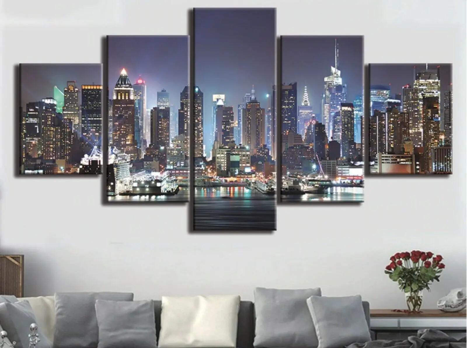 

New York Modern City at Night 5 Panel Canvas Picture Print Wall Art Canvas Painting Wall Decor for Living Room Poster No Framed