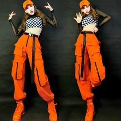 Hip Hop Costumes Adults Orange Pants Plaid Vest Street Dance Clothes Modern Stage Outfits Ladies Jazz Performance Wear DNV12425