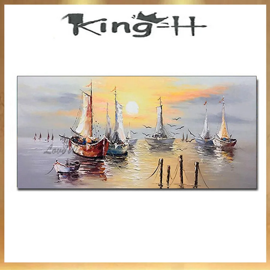 

Hand-painted modern sailboat seascape residence adorns living room and bedroom walls with painted boat oil painting artwork