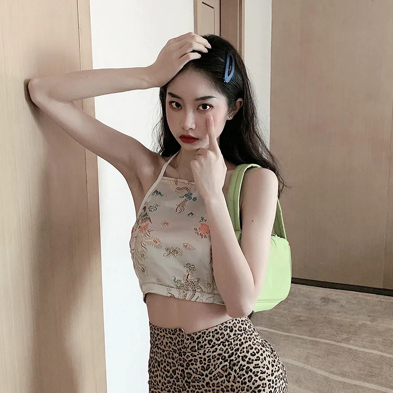 Tanks Women Dragon and Phoenix Embroidery Sexy Retro Backless Crop Tops Halter Clubwear Fashion Slim Lace-up Outwear All-match