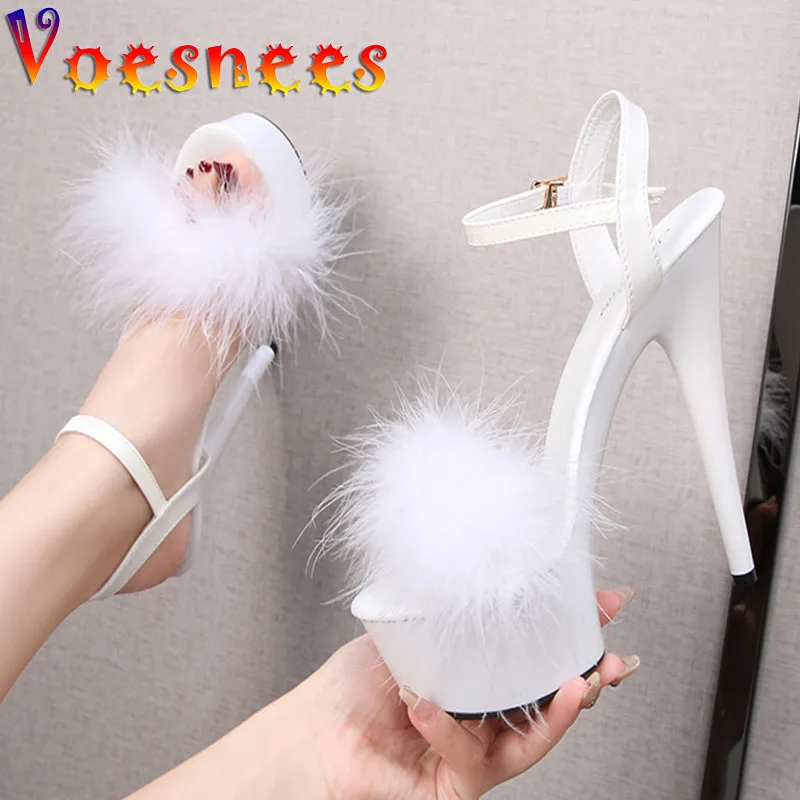 Fashion Up Fur Ultra High Women Sandal New Design Platform Night Club Dance Shoes Summer Pure Colour Buckle Strap High Heels