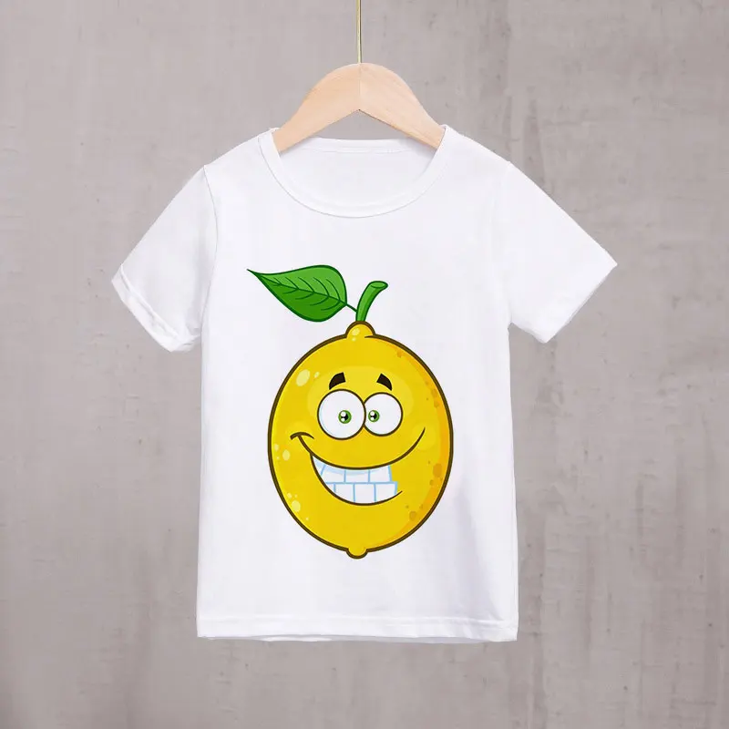 

New Shelves Summer Cute Fruit Kids Tshirt Fun Lemon Boy Tshirt Design Aesthetics Fashion Girl Tshirt Round Neck White Baby Top