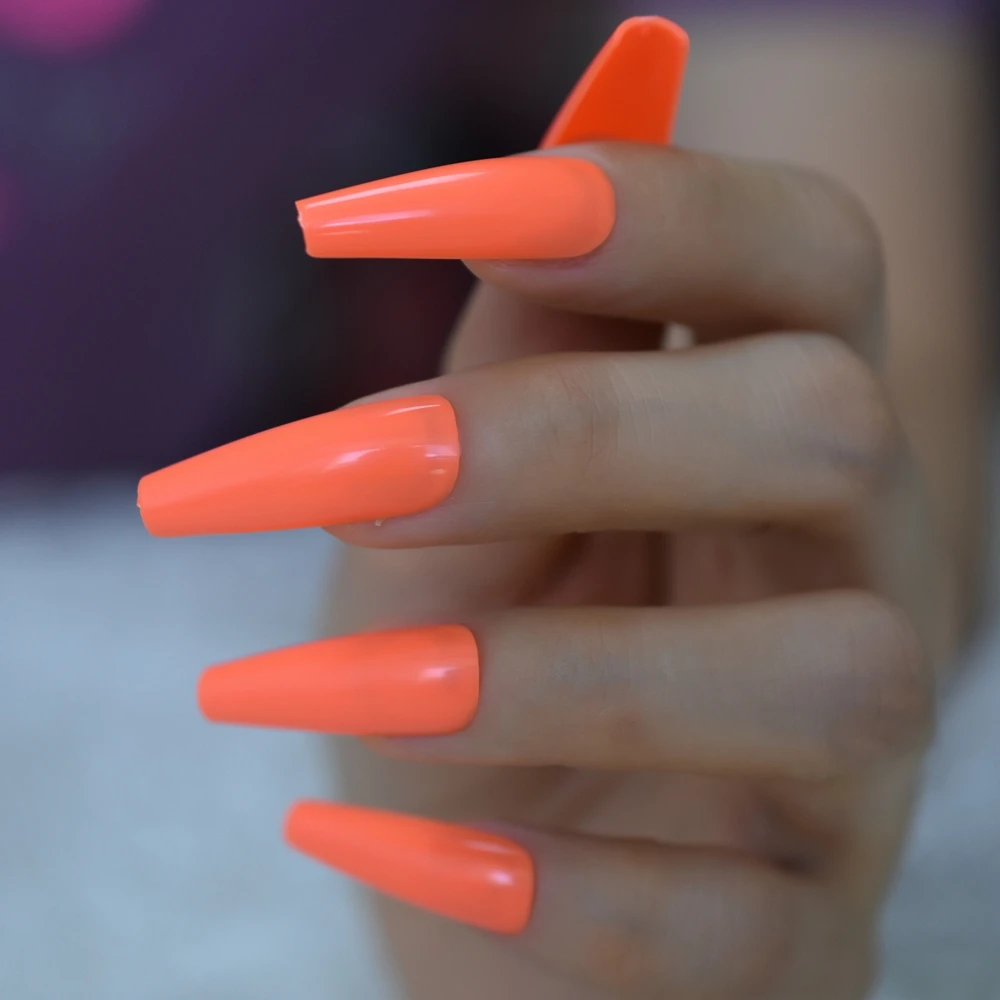 24pcs Orange Coffin False Nail Extra Long Full Cover Sculpted Ballerina Acrylic Fake Nails Fingernail Tips Manicure Charms